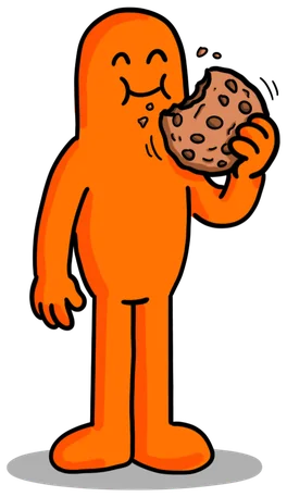 Illustration: Eine orange Figur beißt genüsslich in einen Keks.