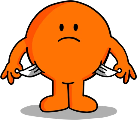 Illustration: Eine orange Figur zieht traurig ihre leeren Hosentaschen nach außen.