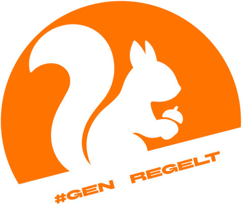 Logo von Gen Z regelt: ein schwarzes Eichhörnchen vor einem orangefarbenen Halbkreis, darunter #GENZREGELT