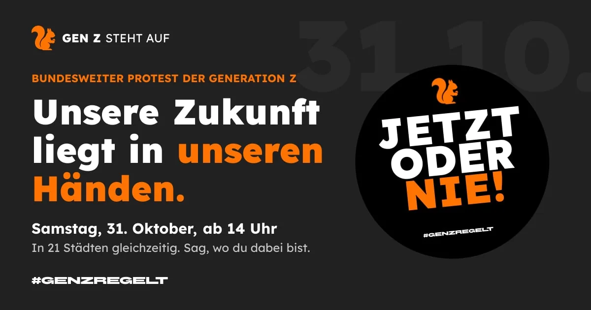 Gen Z steht auf. 31. Oktober, 14 Uhr, 21 Städte.